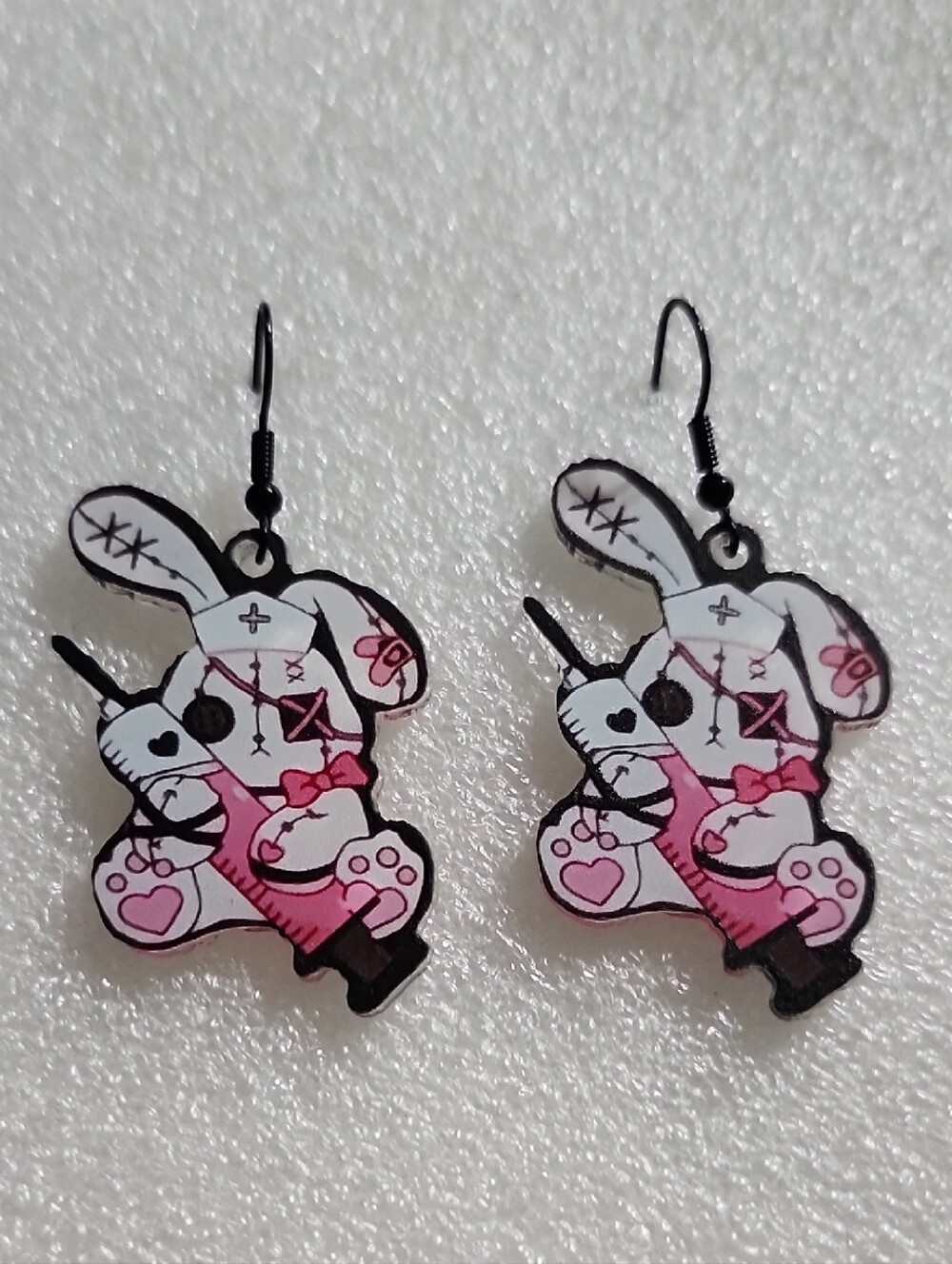 Hand Crafted White and Pink Gothic Nurse Bunny Dangle Earrings